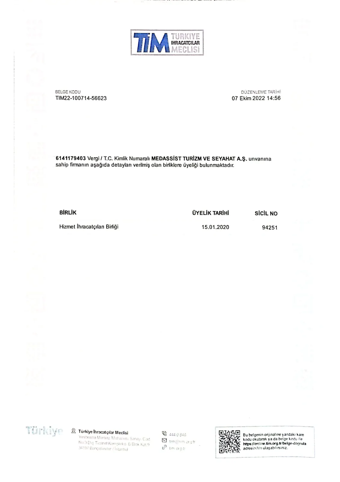 Turkish Exporters Assembly certificate of membership of the Service Exporters’ Association, registry no. 94251