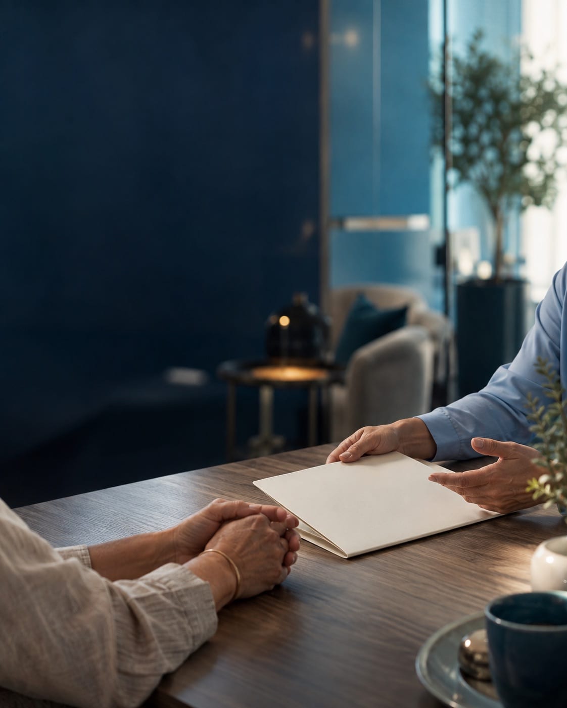 Two people at a table, a document between them